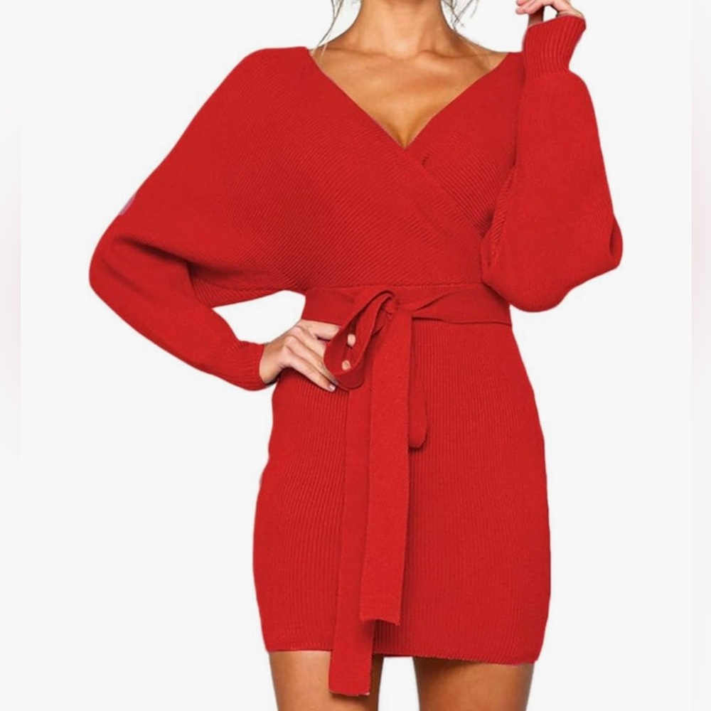 Red V-Neck Sweater Dress